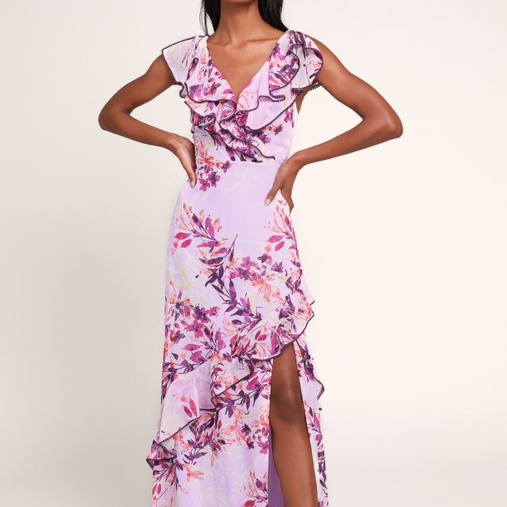 Lulu's Lavender Purple Floral Long Ruffled Maxi Dress with Slit XS Flowers
